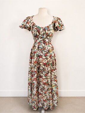 Vintage 70s Floral Bird Boho Cottagecore Prairie Romantic Novelty Maxi Dress M